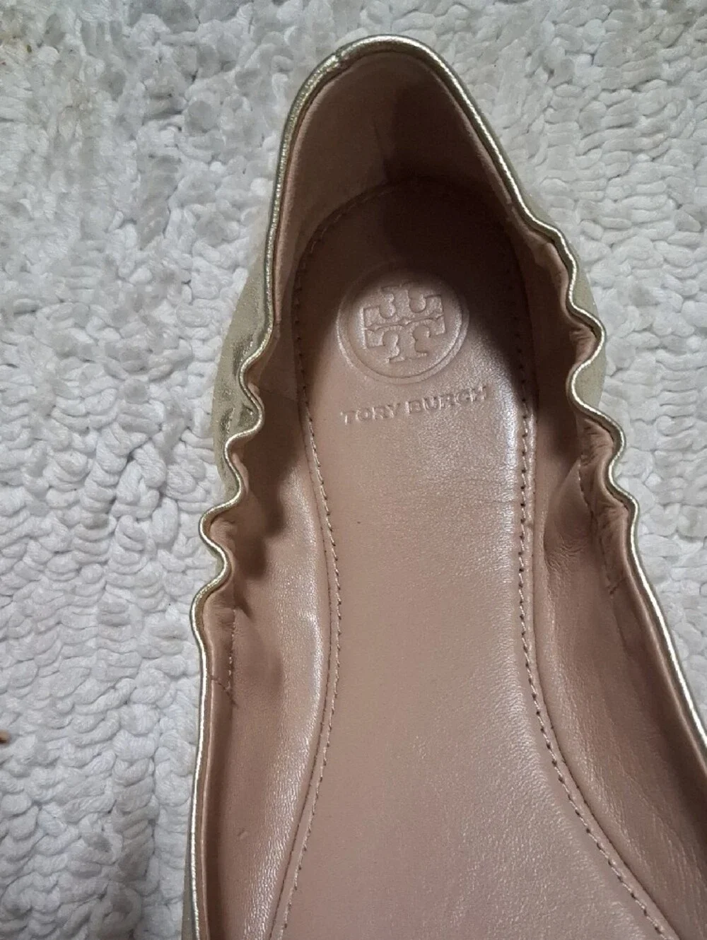 Tory Burch Metallic Gold Floral Leather Ballet Flats